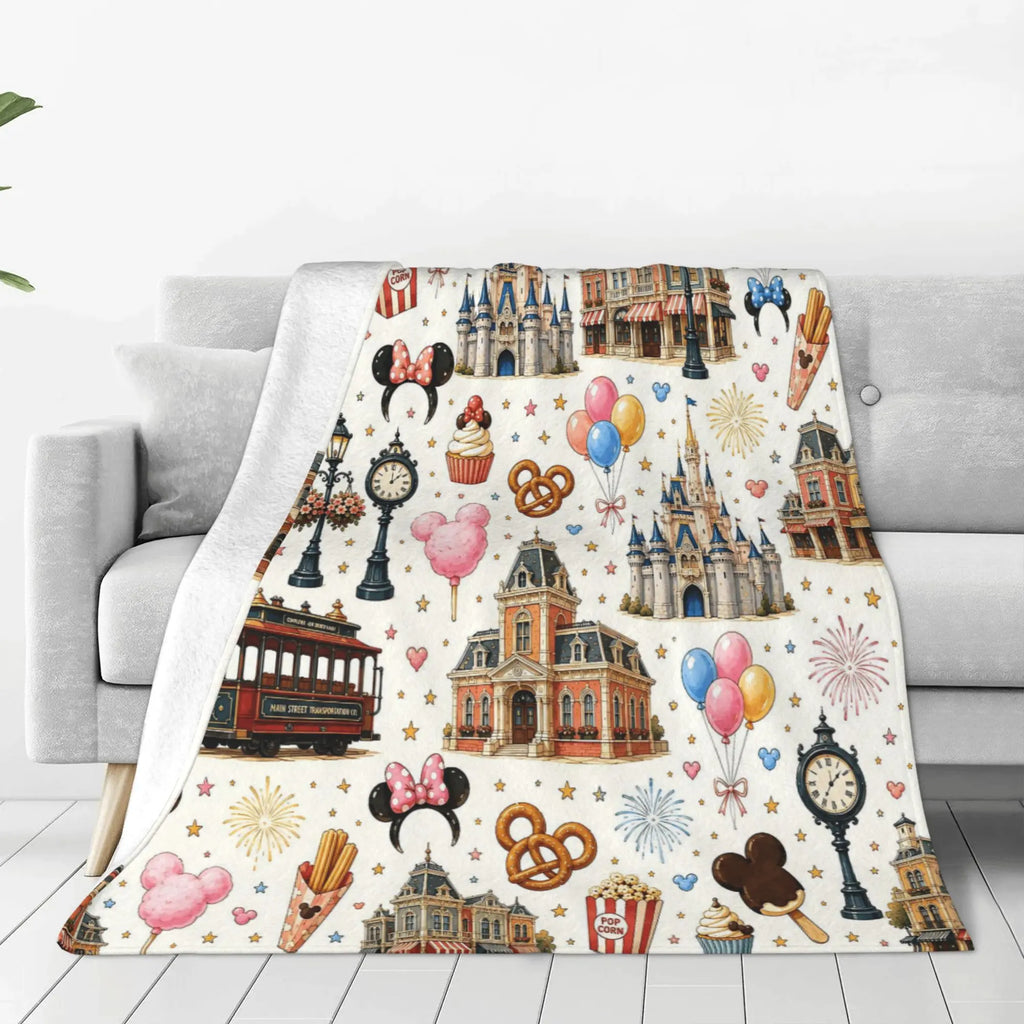 DISNEY CLASSIC [2026 New] Magic Park Main Street Flannel Throw Blanket,All-Over Print Castle Trolley Balloons Park Snacks Clock Lamp Post Fireworks Pastel Cute Cozy Fleece Blanket for Fan Gift