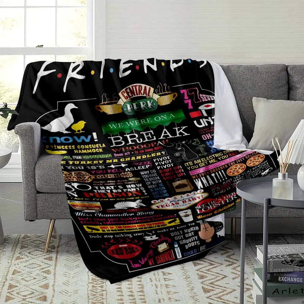 Friends Inspired Flannel Fabric Throw Blanket - Central Perk Quotes Print, Colorful Iconic Design, Wrinkle Resistant, Anti-Pilling - Fits Sofa, Bed, or Car, Soft Cozy for Home & Office, Ideal Gift & Home Decor, Indoor/Outdoor
