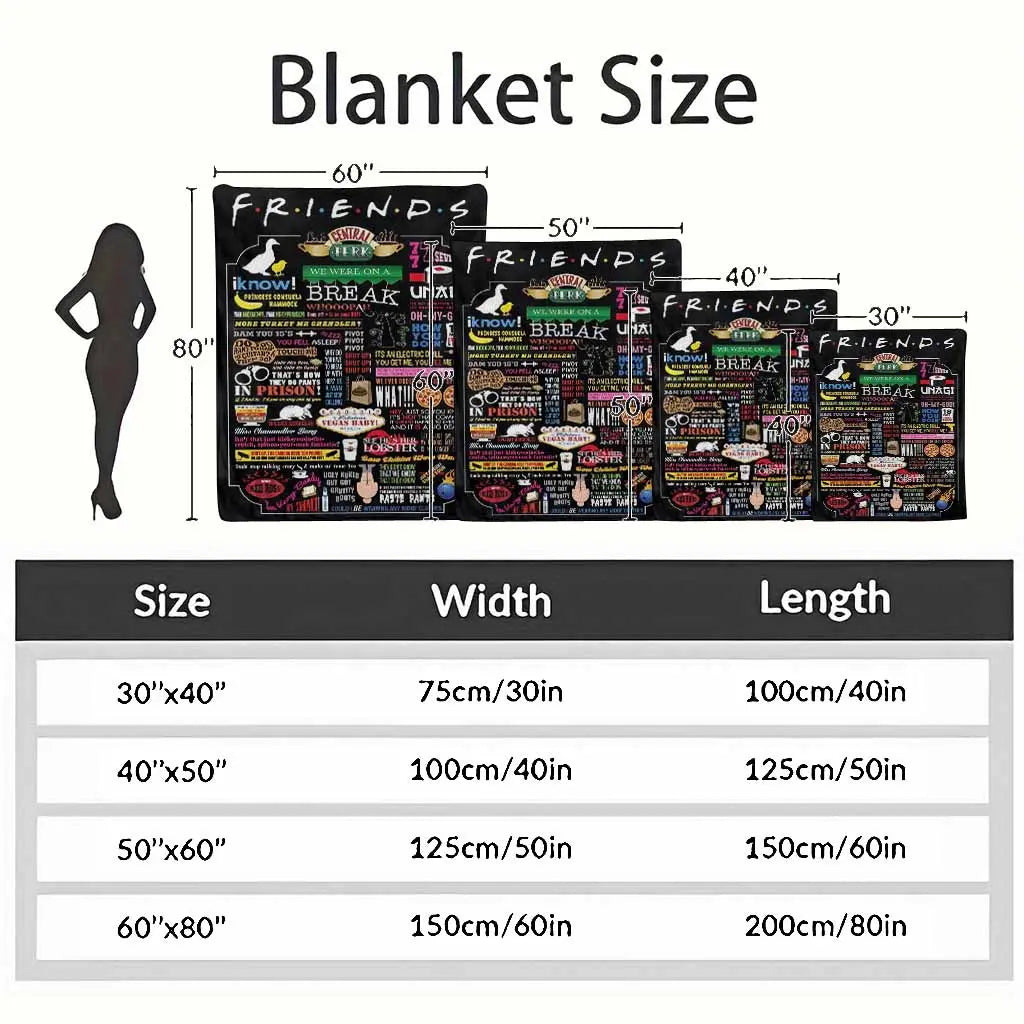 Friends Inspired Flannel Fabric Throw Blanket - Central Perk Quotes Print, Colorful Iconic Design, Wrinkle Resistant, Anti-Pilling - Fits Sofa, Bed, or Car, Soft Cozy for Home & Office, Ideal Gift & Home Decor, Indoor/Outdoor