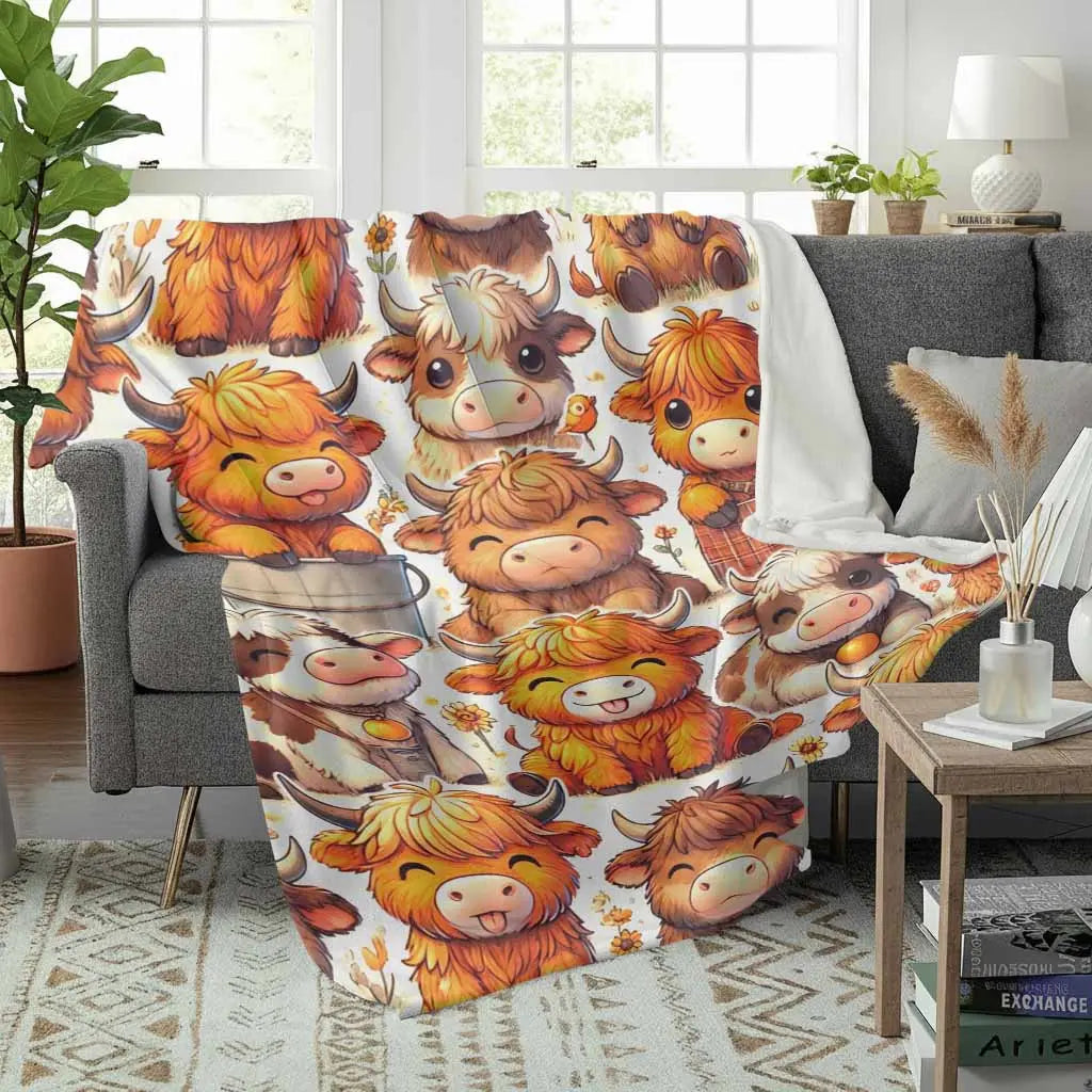 Highland Cow Flannel Blanket Cute Cartoon Cattle Print Soft Warm Cozy Lightweight Decorative Throw Perfect for Sofa Bedroom Office Picnic Camping Gift