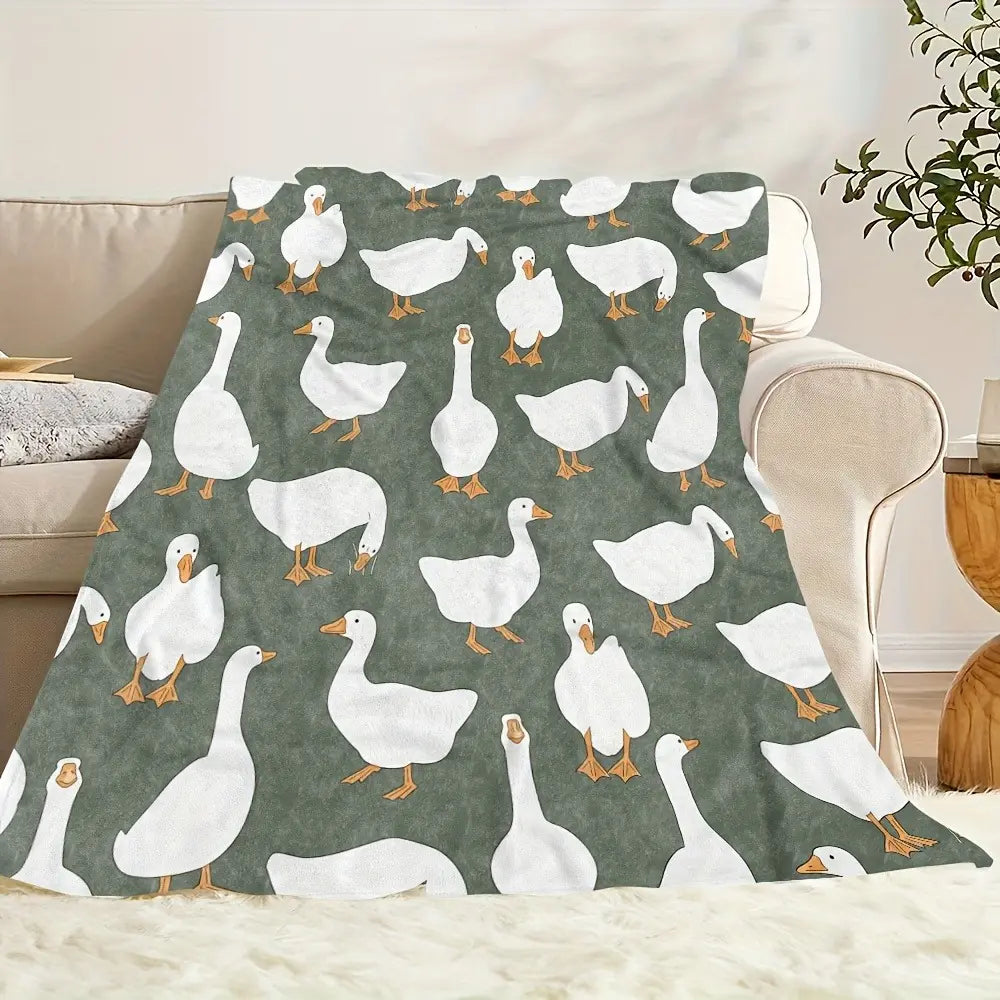 Sage Green Plush Flannel Fabric Decorative Throw Blanket - Cute White Goose Bird Motifs, Soft Cozy Warm Fuzzy Animal-Themed Blanket, Multi-Size for Bedroom Sofa, Ideal Gift for Home Decor Enthusiasts