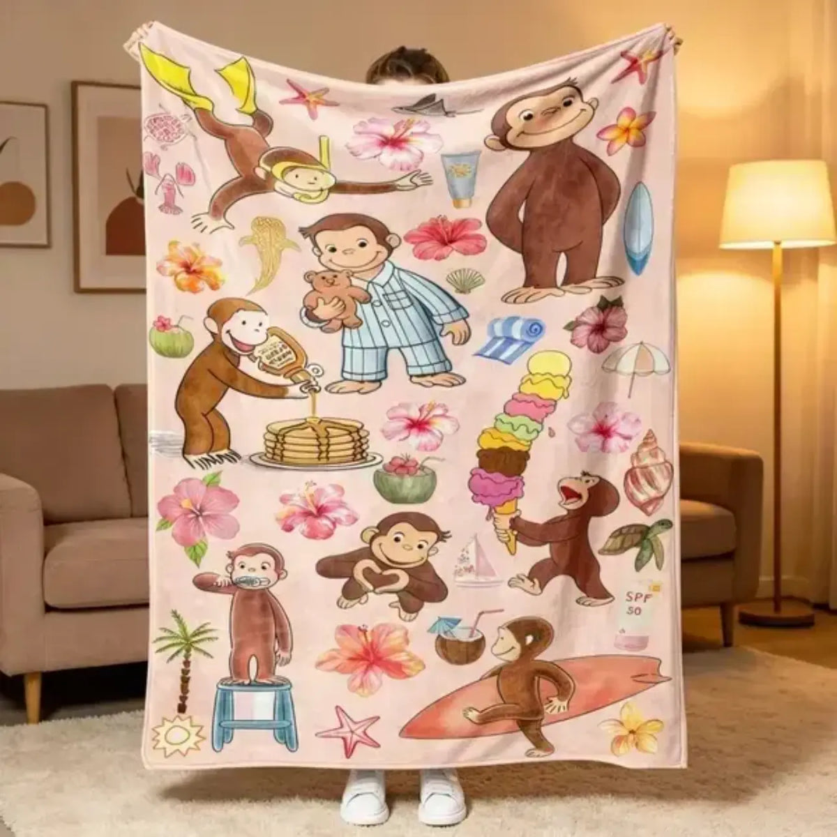 Curious George Banana Theme Throw Blanket, Cute Monkey Character Graphic Blanket, Fun Cartoon Soft Cozy Throw for Kids, Bedroom Decor, Living Room Couch Sofa Blanket, Home Essentials Gift for Children Family Fans