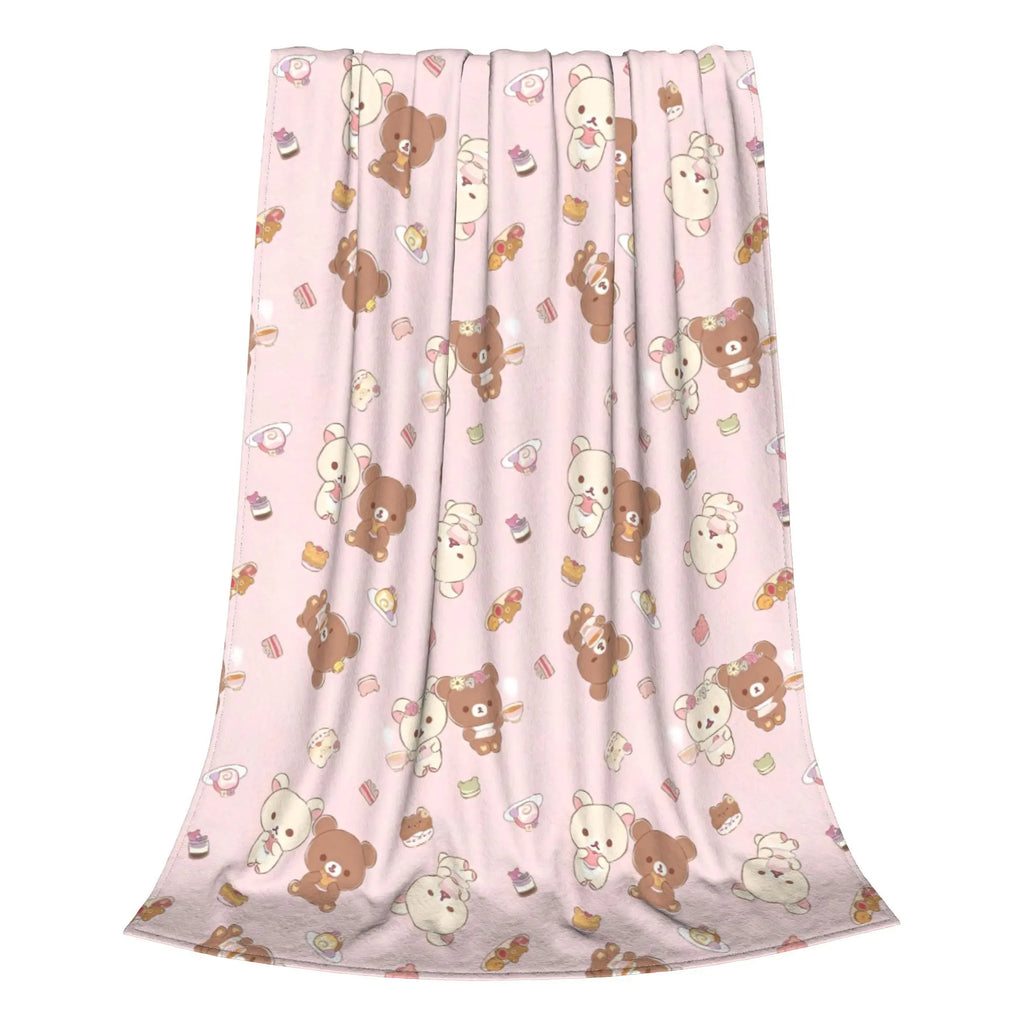 Kawaii Rilakkuma Knitted Flannel Throw Blanket - Figure Print Bed Accessories, Cutecore Stuff, Cozy Girly Room Stuff, Teen Room Decor, Soft Warm Summer AC Use, Home Goods Gift for Girls