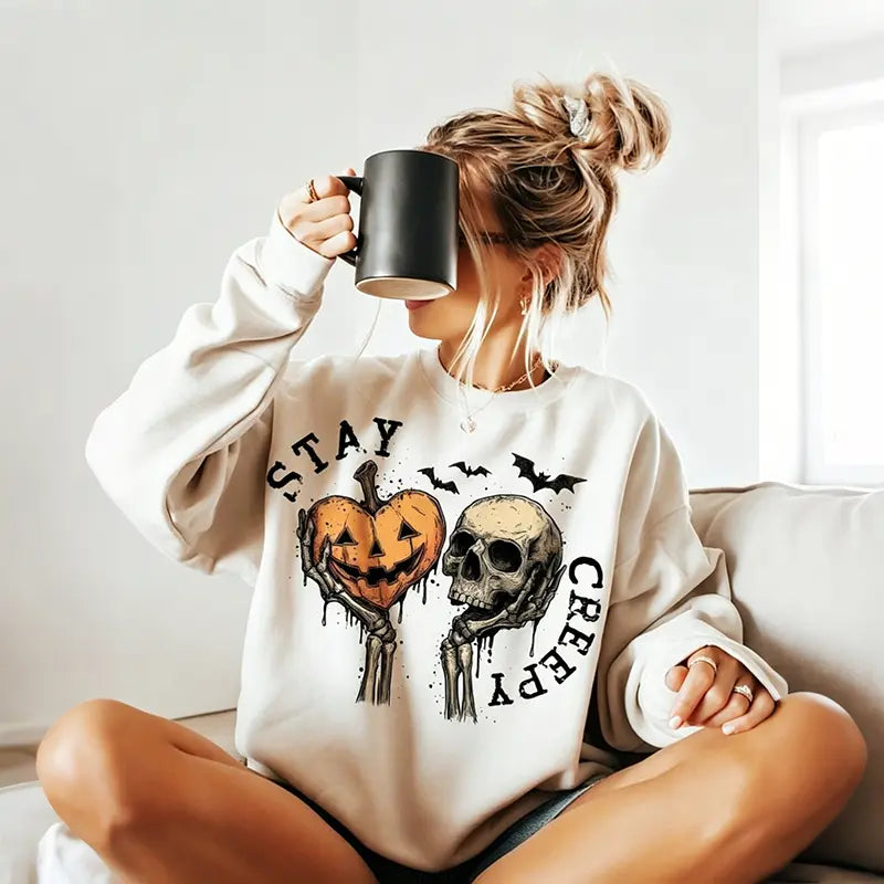 Women's Skeleton Hand Sweatshirt, Retro Grunge Graphic Sweatshirts, Dripping Heart Printed Cotton-Blend Halloween Tops, Unique Eye-Catching Graphic Print, All-Day Wear Outfit, Back-to-School Clothing, First Day of School Casual Outfits Unisex