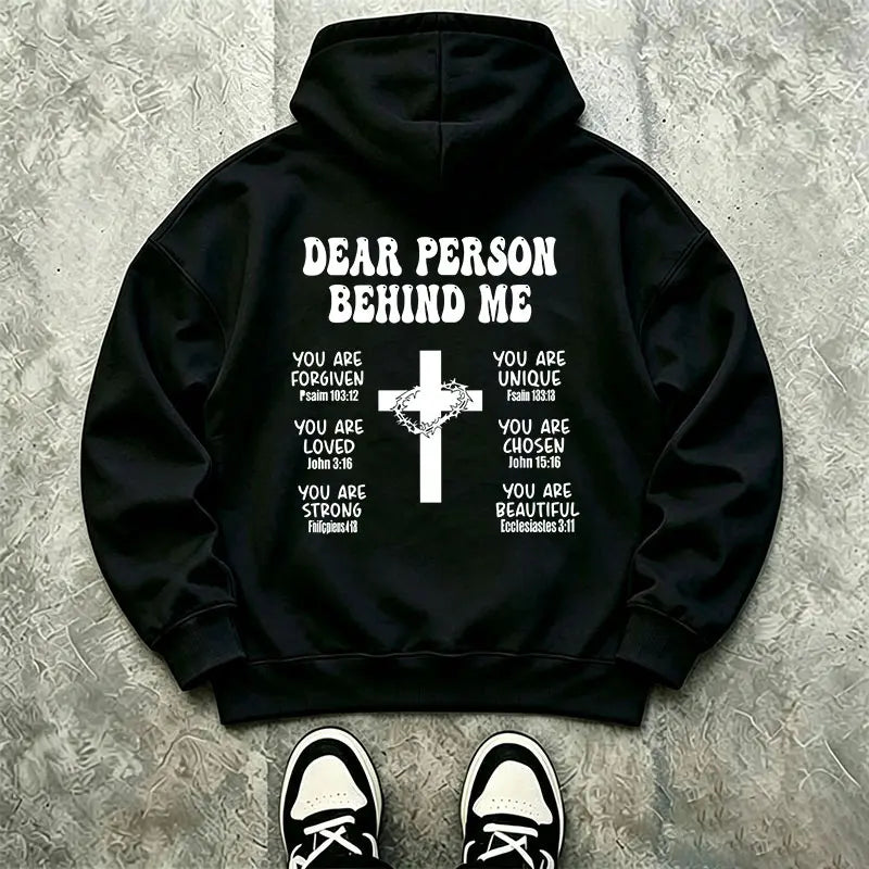 Dear Person Behind Me Christian Cross Bible Verse Hoodie, Oversized Inspirational Faith Streetwear Pullover Sweatshirt