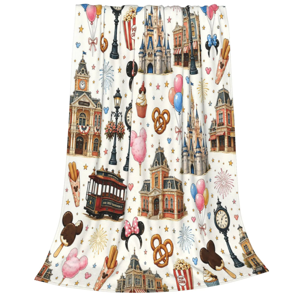DISNEY CLASSIC [2026 New] Magic Park Main Street Flannel Throw Blanket,All-Over Print Castle Trolley Balloons Park Snacks Clock Lamp Post Fireworks Pastel Cute Cozy Fleece Blanket for Fan Gift