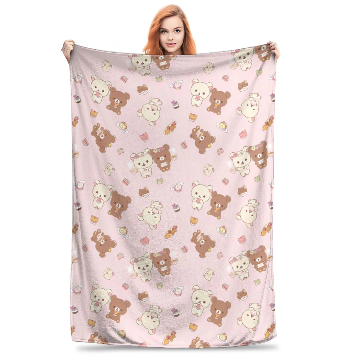 Kawaii Rilakkuma Knitted Flannel Throw Blanket - Figure Print Bed Accessories, Cutecore Stuff, Cozy Girly Room Stuff, Teen Room Decor, Soft Warm Summer AC Use, Home Goods Gift for Girls