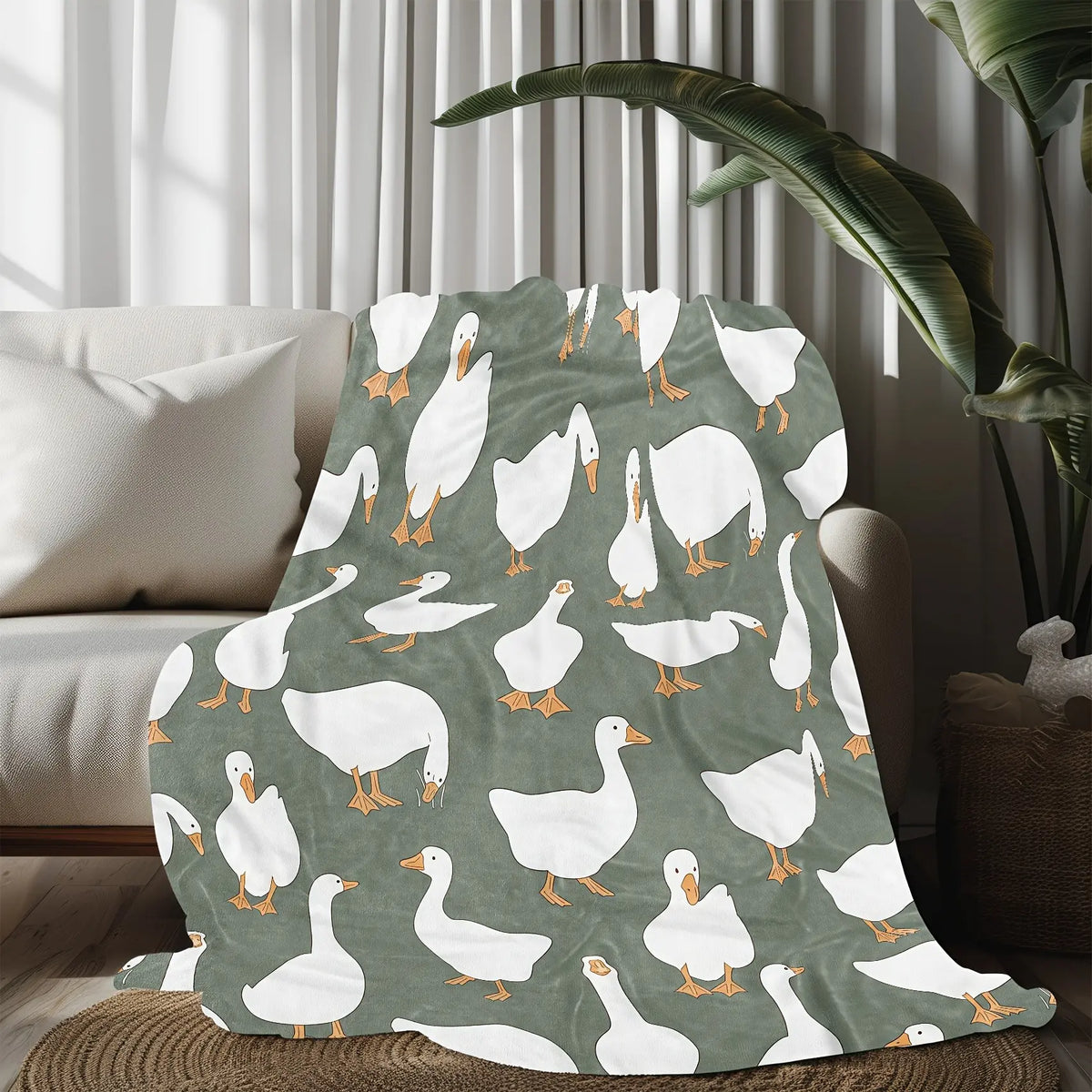 Sage Green Plush Flannel Fabric Decorative Throw Blanket - Cute White Goose Bird Motifs, Soft Cozy Warm Fuzzy Animal-Themed Blanket, Multi-Size for Bedroom Sofa, Ideal Gift for Home Decor Enthusiasts