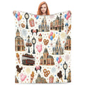 DISNEY CLASSIC [2026 New] Magic Park Main Street Flannel Throw Blanket,All-Over Print Castle Trolley Balloons Park Snacks Clock Lamp Post Fireworks Pastel Cute Cozy Fleece Blanket for Fan Gift