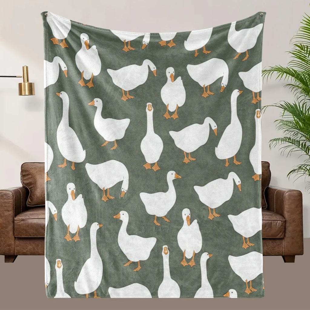 Sage Green Plush Flannel Fabric Decorative Throw Blanket - Cute White Goose Bird Motifs, Soft Cozy Warm Fuzzy Animal-Themed Blanket, Multi-Size for Bedroom Sofa, Ideal Gift for Home Decor Enthusiasts