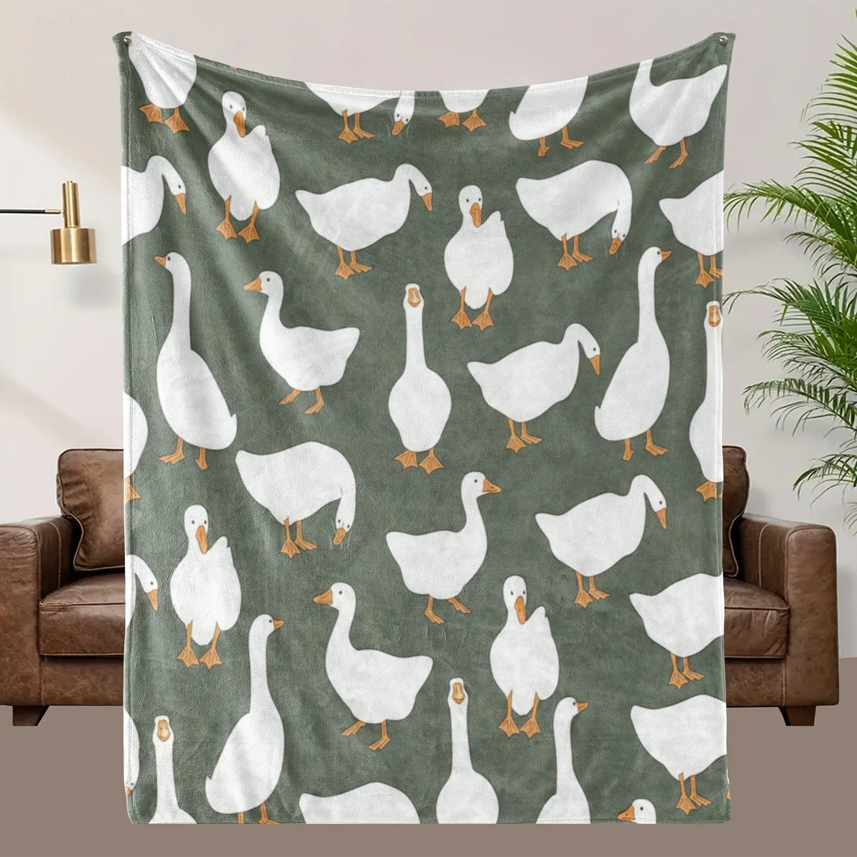 Sage Green Plush Flannel Fabric Decorative Throw Blanket - Cute White Goose Bird Motifs, Soft Cozy Warm Fuzzy Animal-Themed Blanket, Multi-Size for Bedroom Sofa, Ideal Gift for Home Decor Enthusiasts