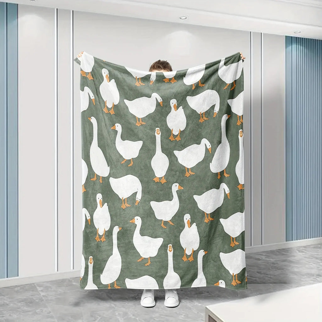 Sage Green Plush Flannel Fabric Decorative Throw Blanket - Cute White Goose Bird Motifs, Soft Cozy Warm Fuzzy Animal-Themed Blanket, Multi-Size for Bedroom Sofa, Ideal Gift for Home Decor Enthusiasts