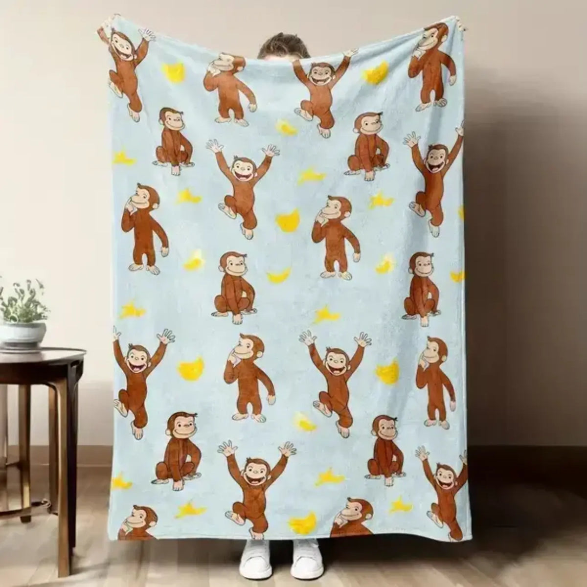 Curious George Banana Theme Throw Blanket, Cute Monkey Character Graphic Blanket, Fun Cartoon Soft Cozy Throw for Kids, Bedroom Decor, Living Room Couch Sofa Blanket, Home Essentials Gift for Children Family Fans