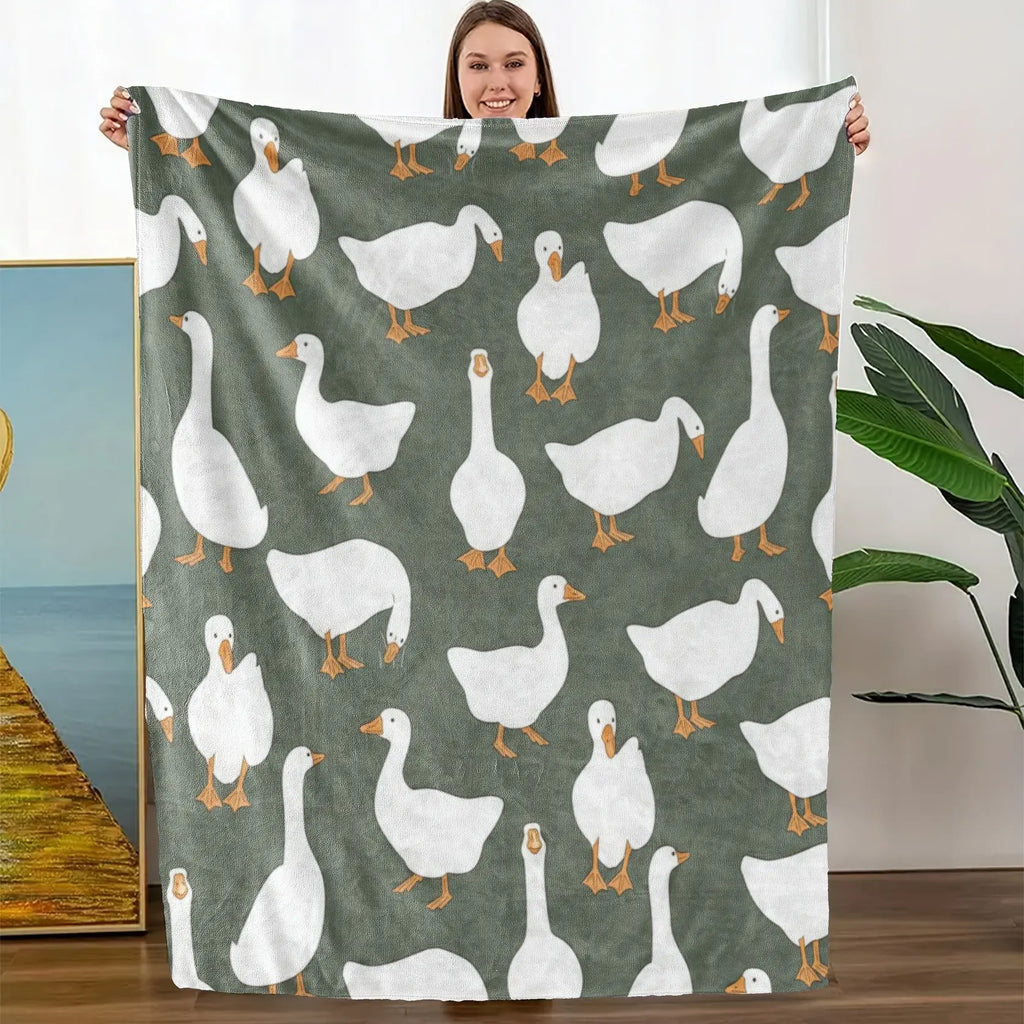 Sage Green Plush Flannel Fabric Decorative Throw Blanket - Cute White Goose Bird Motifs, Soft Cozy Warm Fuzzy Animal-Themed Blanket, Multi-Size for Bedroom Sofa, Ideal Gift for Home Decor Enthusiasts