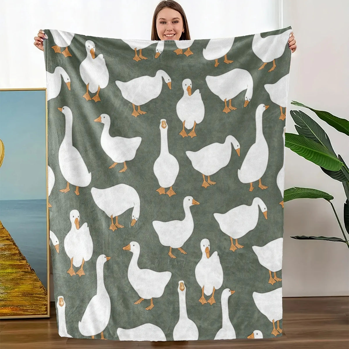 Sage Green Plush Flannel Fabric Decorative Throw Blanket - Cute White Goose Bird Motifs, Soft Cozy Warm Fuzzy Animal-Themed Blanket, Multi-Size for Bedroom Sofa, Ideal Gift for Home Decor Enthusiasts